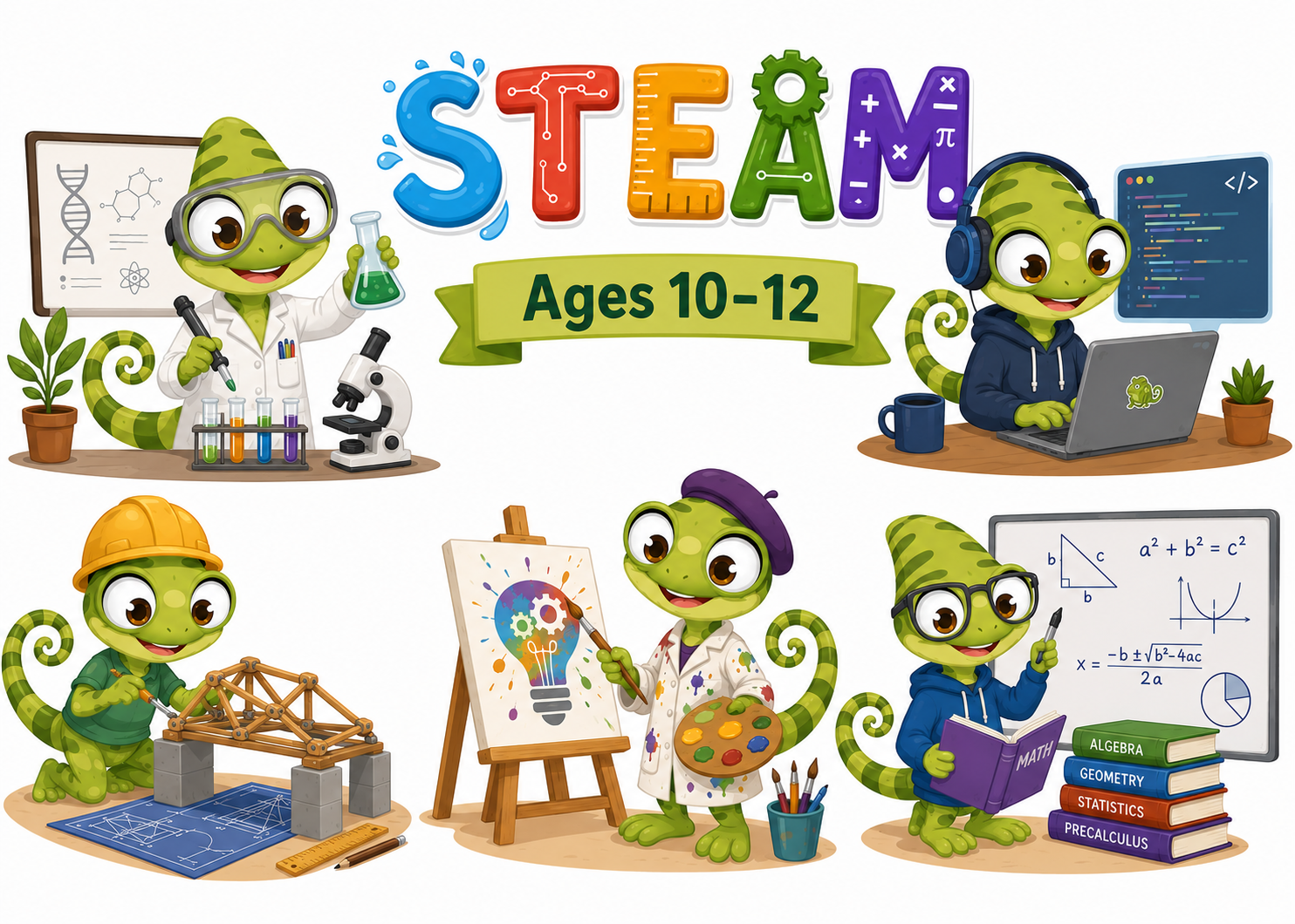 Ilustración de actividades STEAM para 10–12 años: ciencia, tecnología, ingeniería, arte y matemáticas