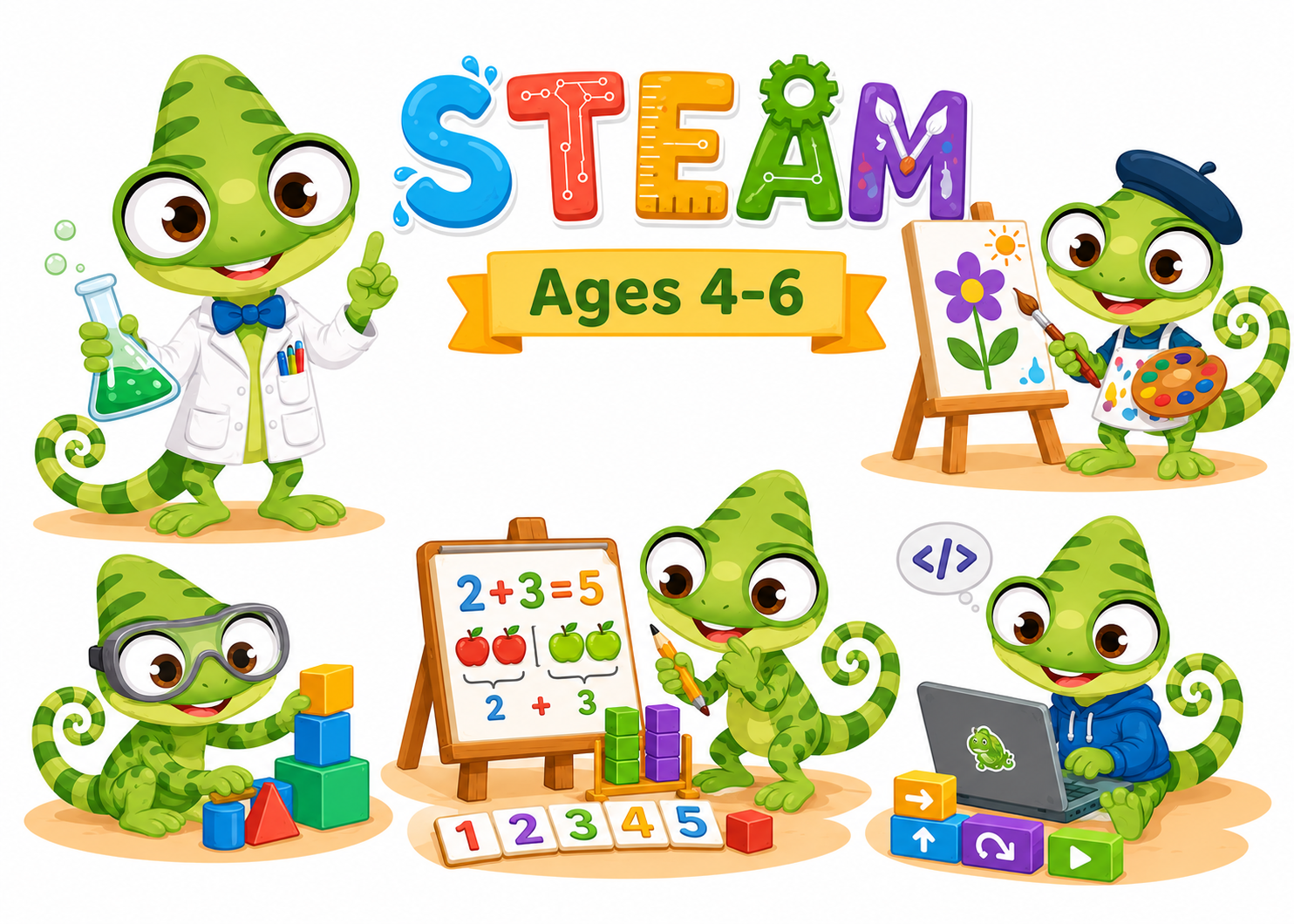 Ilustración de actividades STEAM para 4–6 años: ciencia, tecnología, ingeniería, arte y matemáticas